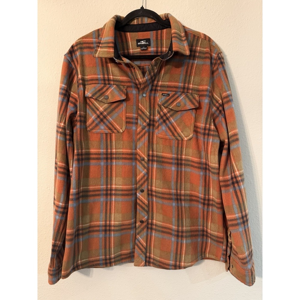 O'Neill Mens Glacier Plaid Superfleece Standard Fit Flannel Large Tan Blue